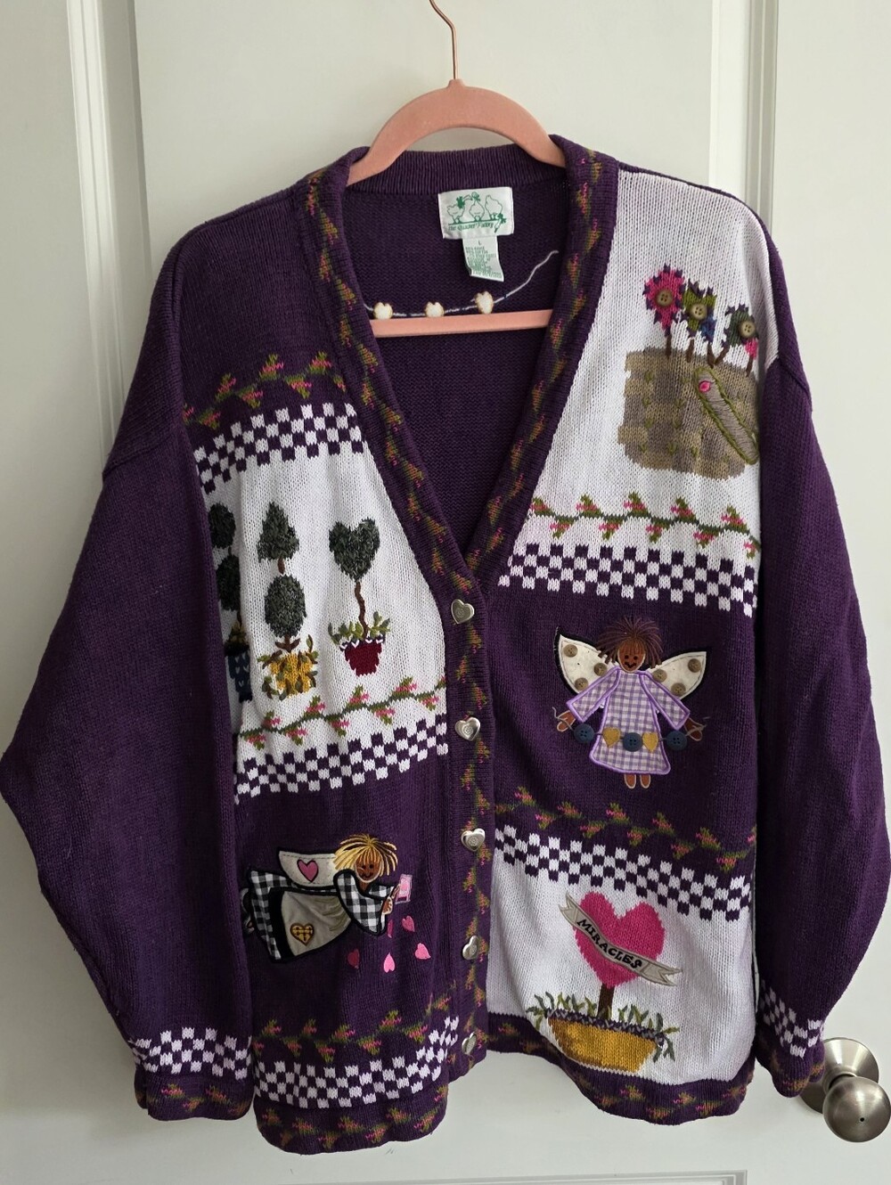 Quacker Factory Purple Patchwork Embroidered Heart Button Front Cardigan Fading